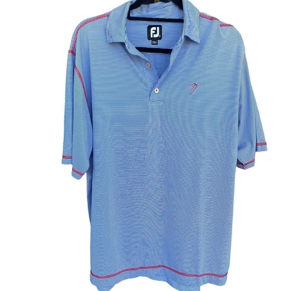 FootJoy Men’s Sz Med Blue Striped Red Trim Detail Short Sleeve Golf Polo Shirt
